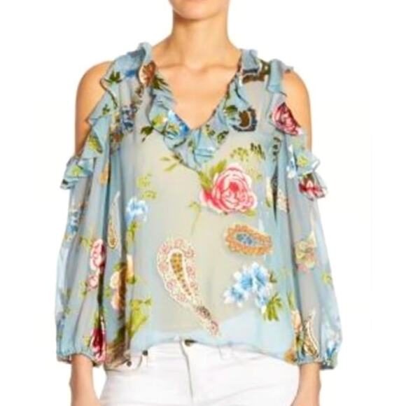 Alice + Olivia Tops - Alice + Olivia Blue Silk Velvet floral cold shoulder blouse